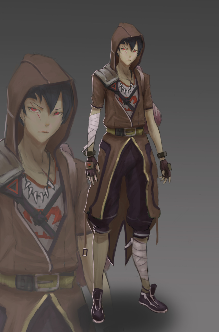 1boy, absurdres, armor, bag, bandaged_arm, bandaged_leg, bandages, black_footwear