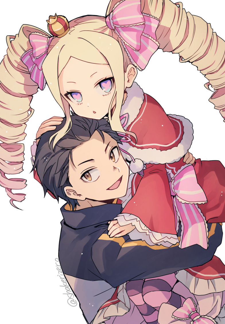 1boy, 1girl, :d, age_difference, beatrice_(re:zero), black_hair, black_jacket, blonde_hair