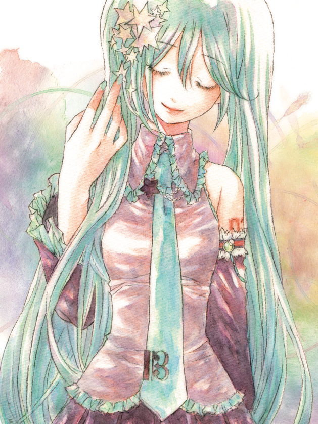 1girl, a-gatha, aqua_hair, bad_id, bad_pixiv_id, closed_eyes, detached_sleeves, embellished_costume