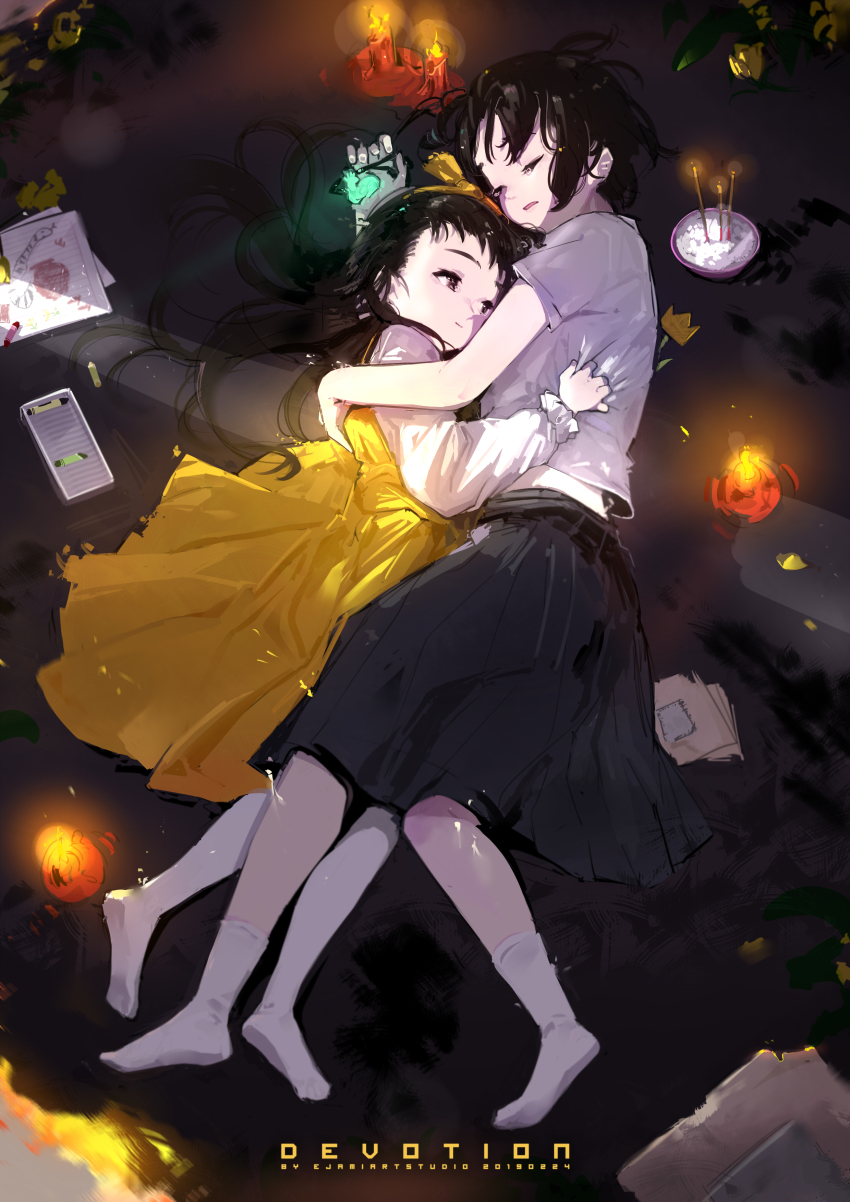 absurdres, black_hair, book, bow, closed_mouth, copyright_name, crayon, crossover