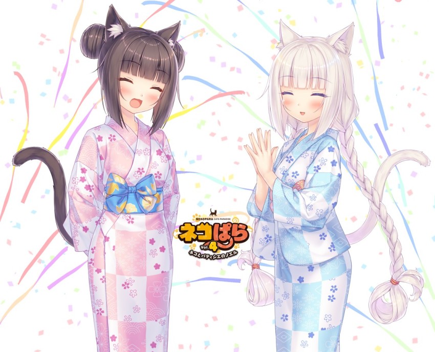 2girls, :d, ^_^, alternate_hairstyle, animal_ear_fluff, animal_ears, arms_behind_back, blue_yukata, blunt_bangs, blush, braid, brown_hair, cat_ears, cat_girl, cat_tail, checkered_clothes, checkered_kimono, chinese_commentary, chocola_(nekopara), closed_eyes, commentary, confetti, double_bun, english_commentary, facing_viewer, floral_print, hair_bun, hair_up, happy, japanese_clothes, kimono, logo, long_hair, mixed-language_commentary, multiple_girls, nekopara, obi, official_art, open_mouth, own_hands_together, pink_yukata, print_kimono, sash, sayori_(neko_works), siblings, simple_background, sisters, smile, tail, twin_braids, twins, vanilla_(nekopara), very_long_hair, white_hair, yukata
