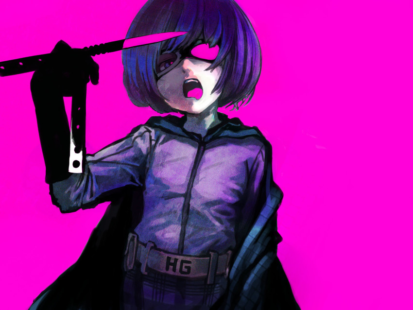 1girl, belt, bob_cut, cape, female_focus, gloves, highres, hit-girl, kick-ass, knife, looking_at_viewer, mask, open_mouth, purple_hair, short_hair, simple_background, skirt, solo, suzuki_ritsu