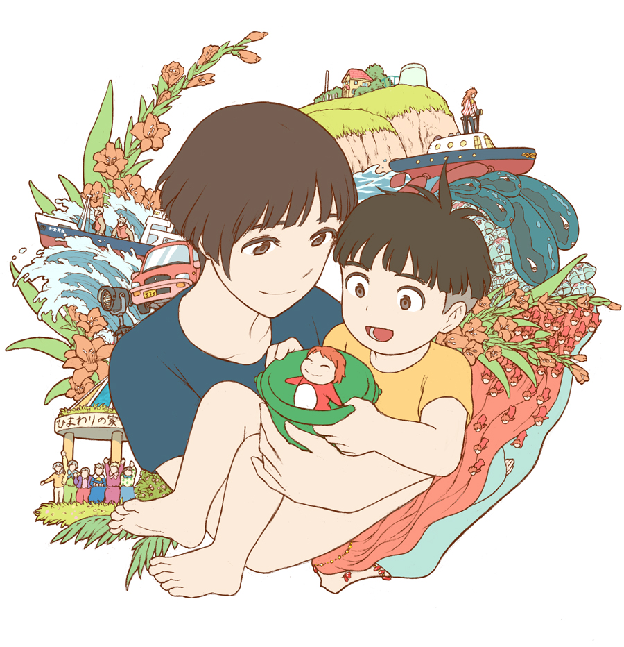 barefoot, bob_cut, breasts, brown_eyes, brown_hair, closed_mouth, fujimoto_(ponyo), gake_no_ue_no_ponyo, granmamare, jas_(littlecrime), lisa_(ponyo), mother_and_child, mother_and_son, multiple_boys, multiple_girls, open_mouth, parent_and_child, ponyo, shirt, short_hair, smile, sousuke_(ponyo)