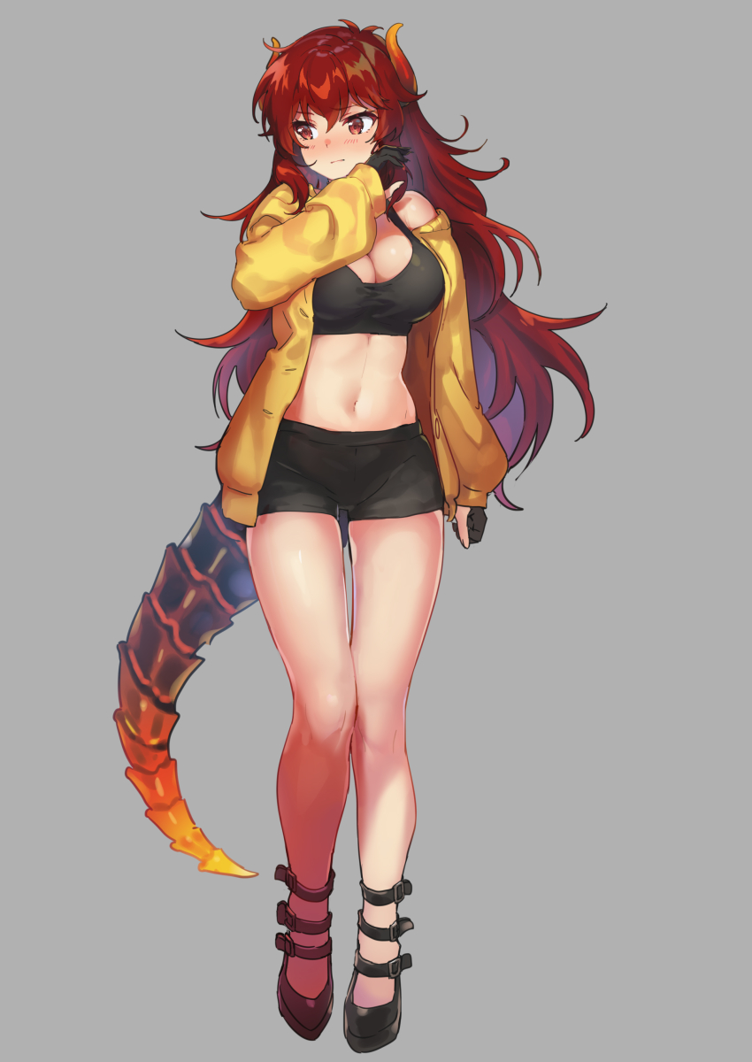 1girl, absurdres, black_bra, black_gloves, black_shoes, black_shorts, blush, bra