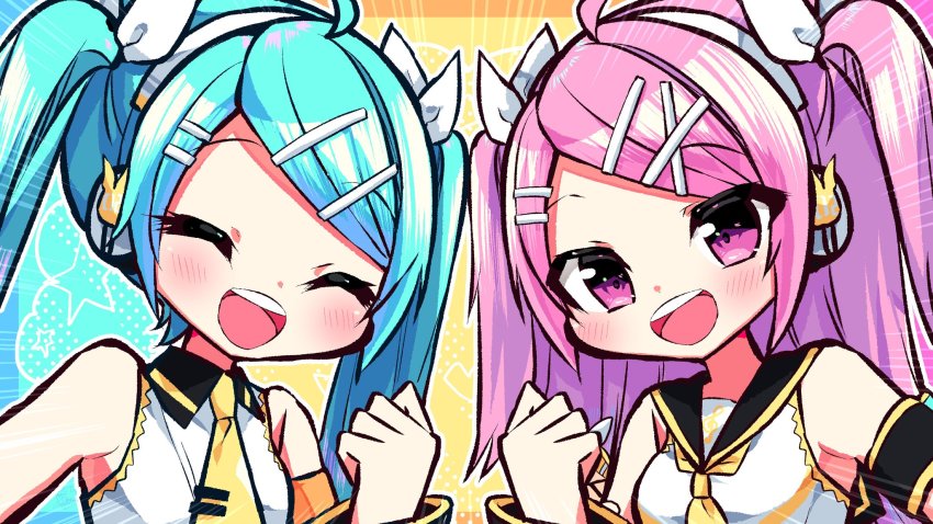 2girls, aqua_hair, armband, bare_shoulders, black_collar, blouse, blush, bow