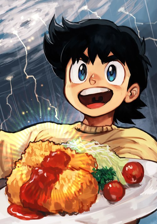 1boy, :d, ajiyoshi_yoichi, blue_eyes, blush, brown_hair, cherry_tomato, food_request, hungry_clicker, lightning, male_focus, mister_ajikko, open_mouth, plate, smile, solo, storm, sweater, teeth, thunder, tomato, upper_teeth_only, wide-eyed, yellow_sweater