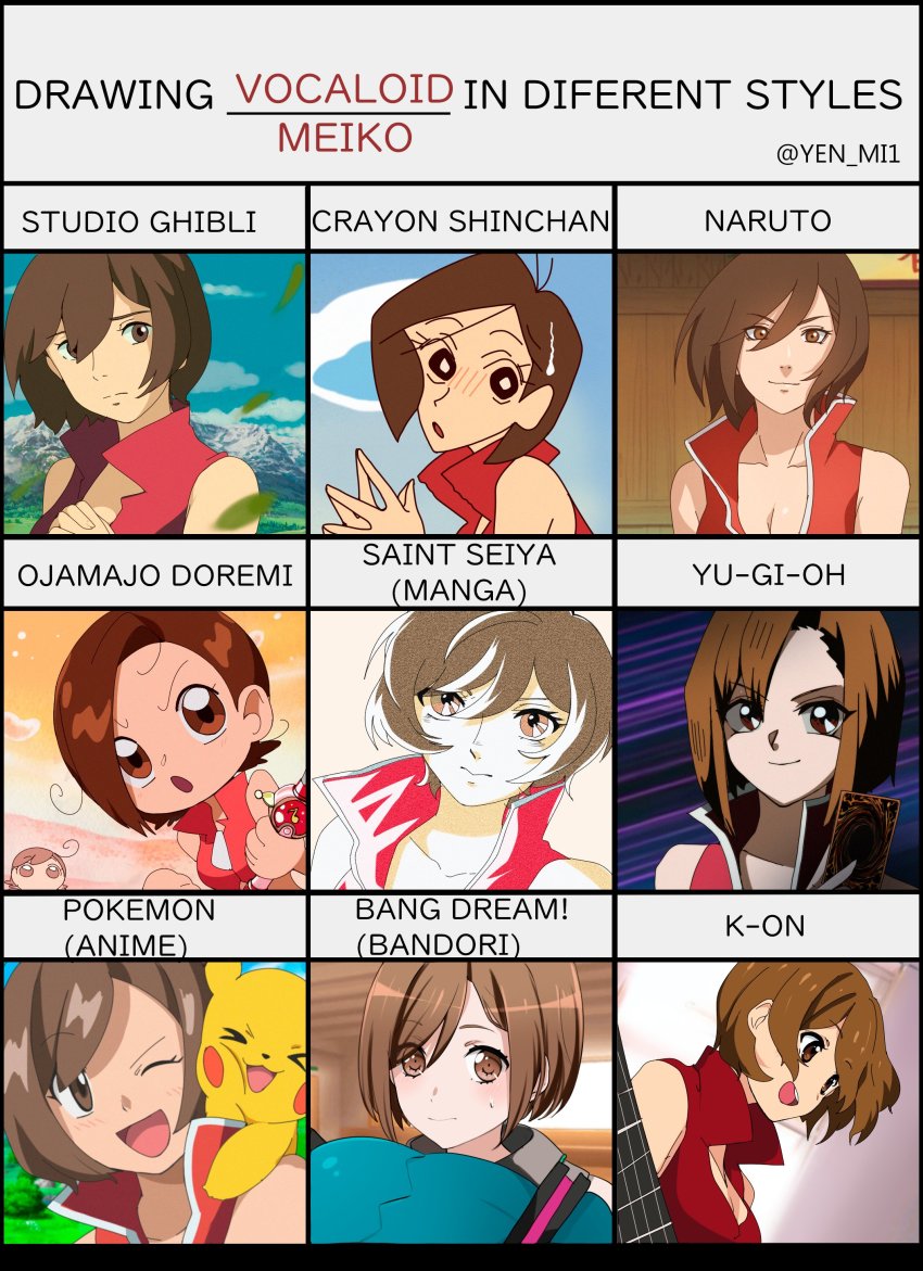 >_<, absurdres, aqua_hair, bang_dream!, bang_dream!_girls_band_party!, blush, blush_stickers, brown_eyes, brown_hair, card, cheek-to-cheek, collarbone, commentary, copyright_name, crayon_shin-chan, emphasis_lines, english_commentary, falling_leaves, gen_1_pokemon, guitar, hair_ornament, hatsune_miku, heads_together, highres, instrument, k-on!, kakifly_(style), kishimoto_masashi_(style), kurumada_masami_(style), leaf, meiko_(vocaloid), multiple_style_parody, naruto_(classic), naruto_(series), nintendo, ojamajo_doremi, open_mouth, outdoors, parody, pikachu, pokemon, pokemon_(anime), pokemon_(creature), red_shirt, saint_seiya, shaded_face, shirt, smile, steepled_fingers, studio_ghibli, studio_ghibli_(style), style_parody, sweatdrop, takahashi_kazuki_(style), twitter_username, usui_yoshito_(style), vocaloid, yen-mi, yu-gi-oh!