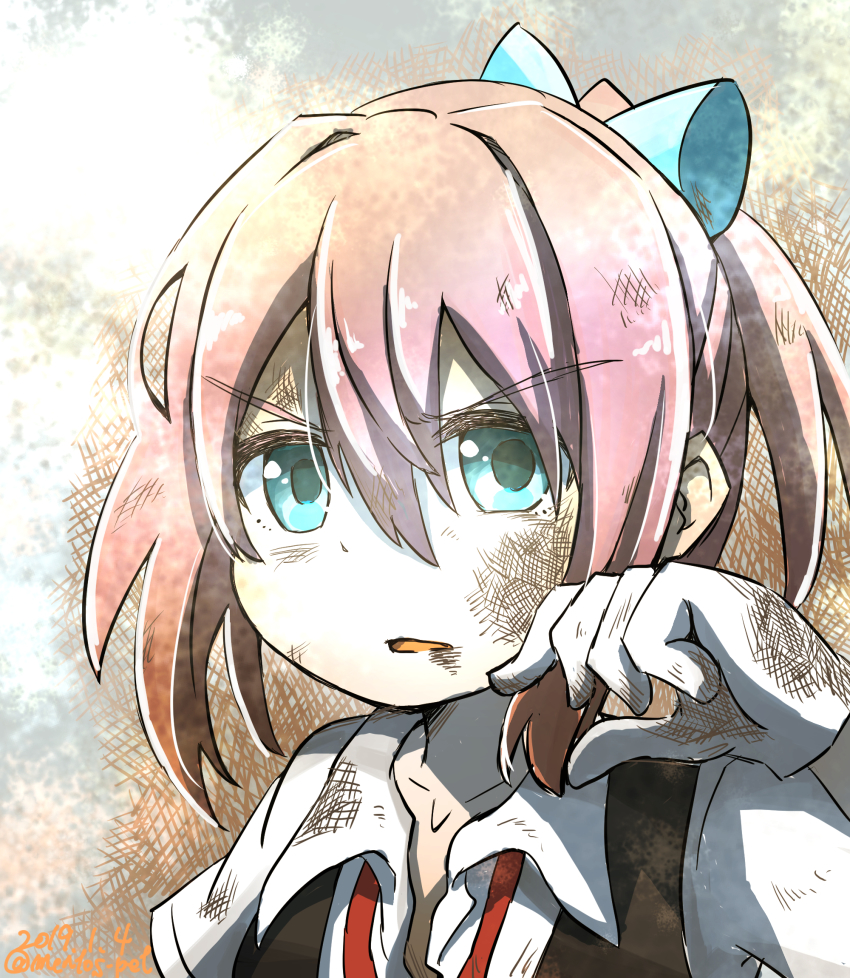 1girl, aoba_(akibajun), bow, bruise, dirty, female_focus, gloves, hair_between_eyes