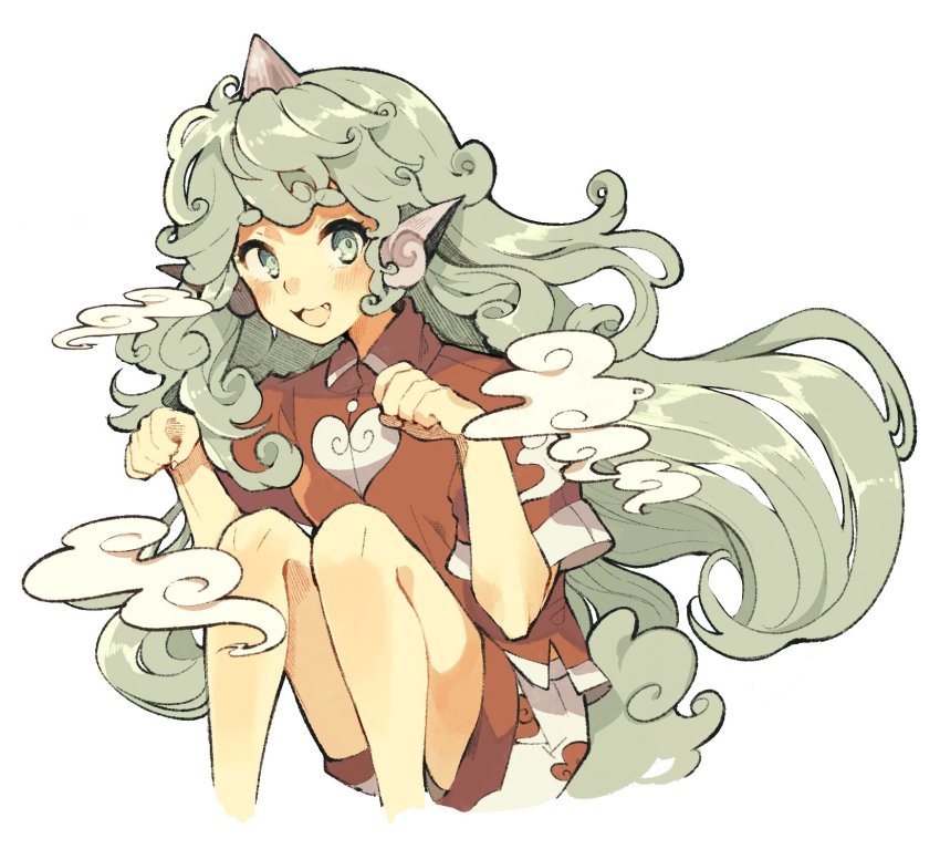 1girl, blush, buttons, cloud_print, curly_hair, fang, green_eyes, green_hair