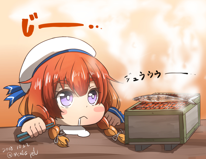 1girl, :<, aoba_(akibajun), blush_stickers, bow, braid, chopsticks, cooking