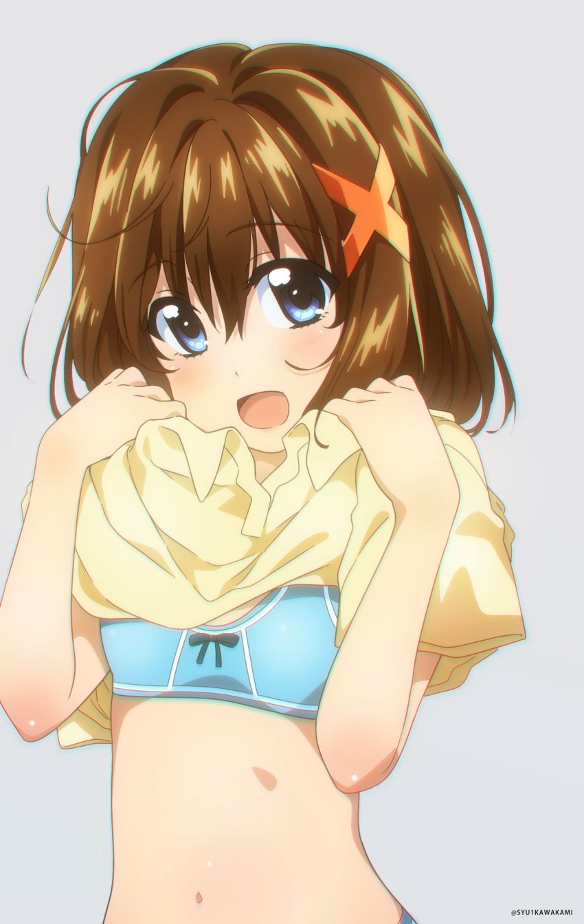 1girl, blue_bra, blue_eyes, blush, bra, brown_hair, dressing, female_focus, hair_ornament, hairclip, highres, looking_at_viewer, lyrical_nanoha, lyrical_store, mahou_shoujo_lyrical_nanoha, mahou_shoujo_lyrical_nanoha_a's, navel, open_mouth, panties, shiny_skin, short_hair, simple_background, smile, solo, syu1, underwear, upper_body, white_background, yagami_hayate