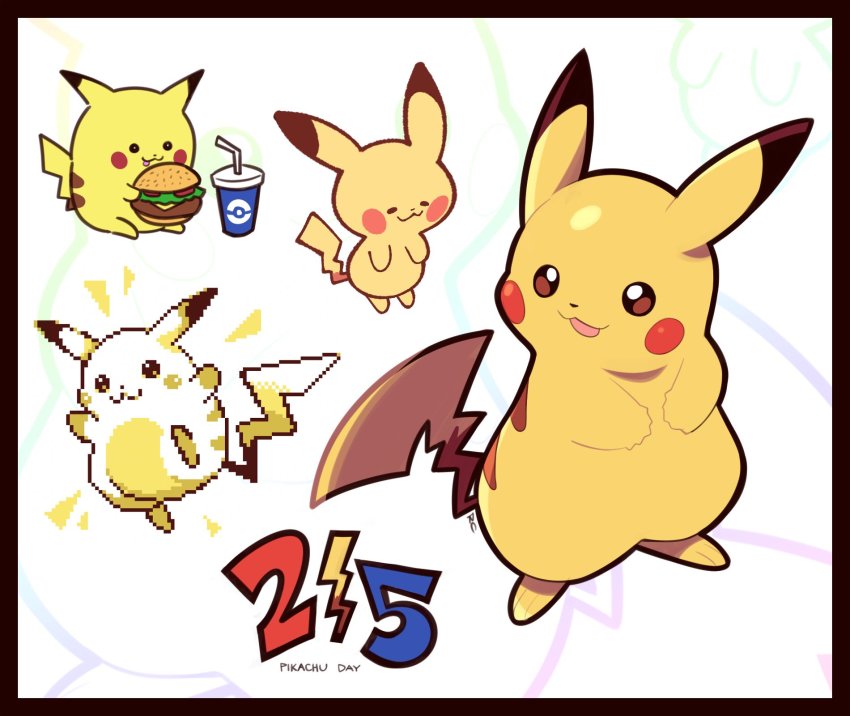 :3, :d, art_shift, artsy-rc, black_border, border, burger, commentary, cup, dated, drinking_glass, drinking_straw, english_commentary, food, gen_1_pokemon, highres, holding, holding_food, looking_at_viewer, nintendo, no_humans, open_mouth, pikachu, pikachu_day, pixel_art, pokemon, pokemon_(creature), signature, smile