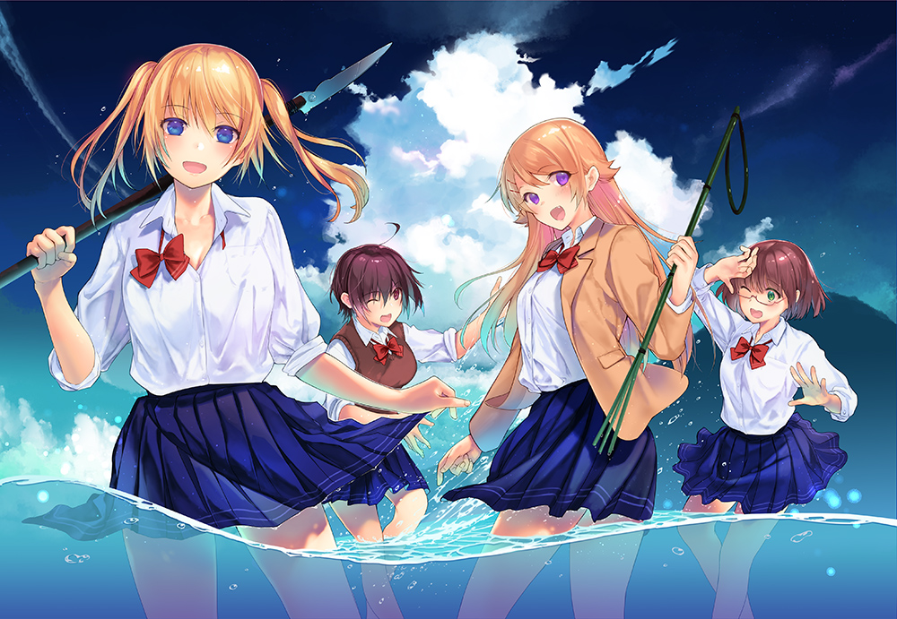 4girls, :d, ;d, ahoge, amatani_mutsu, blazer, blonde_hair, blue_eyes