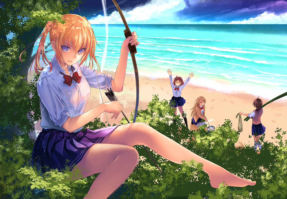 4girls, amatani_mutsu, arrow_(projectile), bare_legs, barefoot, beach, black_socks, blonde_hair