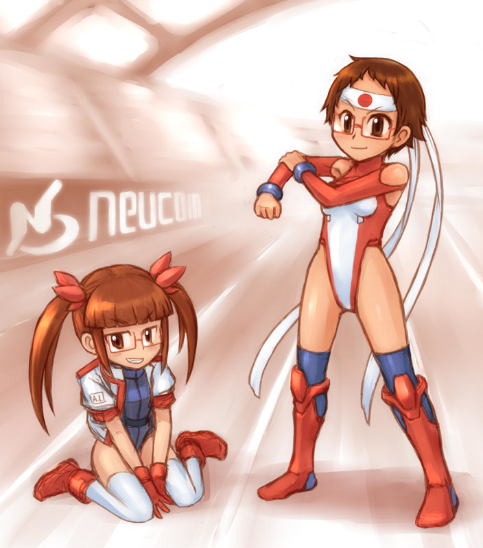 2girls, ace_combat, blue_leotard, blue_socks, blush, boots, breasts, brown_eyes