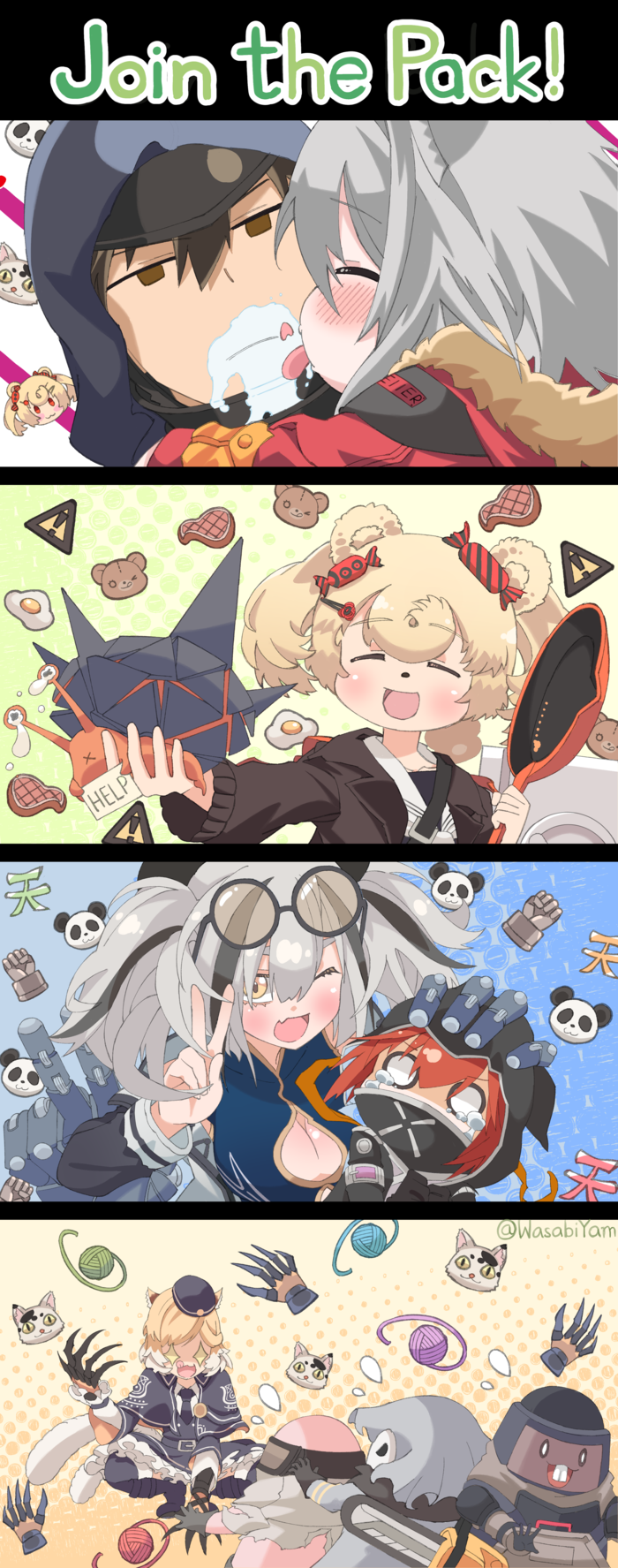 +_+, 4boys, 5girls, :d, ;d, ^_^, animal_ears, arknights, artist_name, bear_ears, black_capelet, black_dress, black_hair, black_headwear, black_jacket, blonde_hair, blush, breasts, brown_eyes, buck_teeth, candy_hair_ornament, capelet, chainsaw, claw_(weapon), cleavage, cleavage_cutout, closed_eyes, clothing_cutout, commentary_request, crownslayer_(arknights), crying, crying_with_eyes_open, doctor_(arknights), dress, eyewear_on_head, feater_(arknights), flying_sweatdrops, food-themed_hair_ornament, frying_pan, fur-trimmed_jacket, fur_trim, gummy_(arknights), hair_between_eyes, hair_ornament, hand_up, highres, holding, holding_frying_pan, hood, jacket, licking, licking_another's_face, long_sleeves, mousse_(arknights), multicolored_hair, multiple_boys, multiple_girls, o_o, one_eye_closed, open_mouth, originium_slug_(arknights), petticoat, projekt_red_(arknights), red_hair, red_jacket, reunion_soldier_(arknights), romaji_commentary, saliva, short_hair, silver_hair, smile, snout, streaked_hair, sunglasses, sunglasses_on_head, tears, teeth, twintails, twitter_username, upper_body, v, wasabiyam, weapon, yarn, yarn_ball