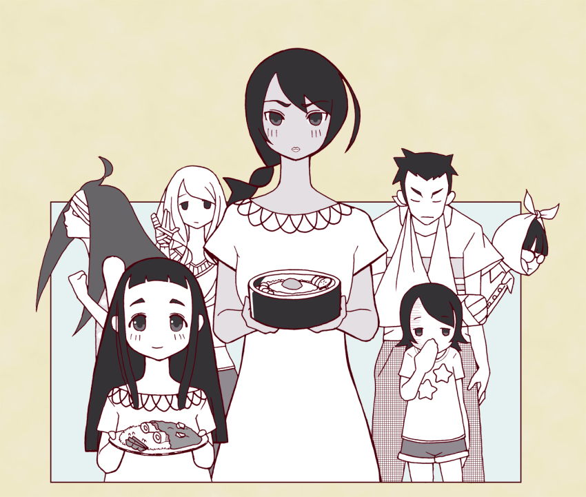 2boys, 5girls, ahoge, akiteru, bandages, black_eyes, black_hair, braid