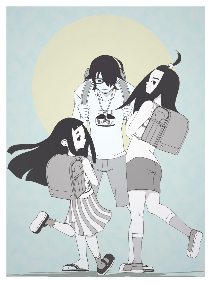 1boy, 2girls, ahoge, akiteru, backpack, bag, black_footwear, black_hair
