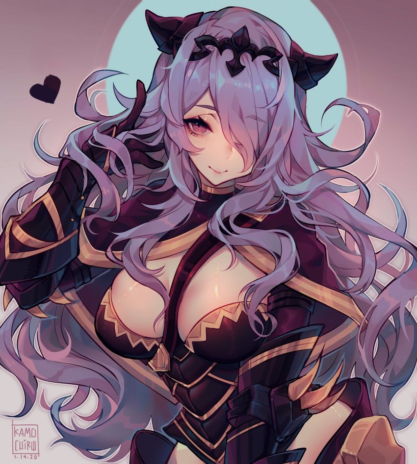 1girl, armor, artist_name, black_gloves, breasts, camilla_(fire_emblem), closed_mouth, female_focus, fire_emblem, fire_emblem_fates, gloves, hair_over_one_eye, highres, kamochiru, large_breasts, long_hair, looking_at_viewer, nintendo, purple_eyes, purple_hair, smile, solo, tiara, upper_body