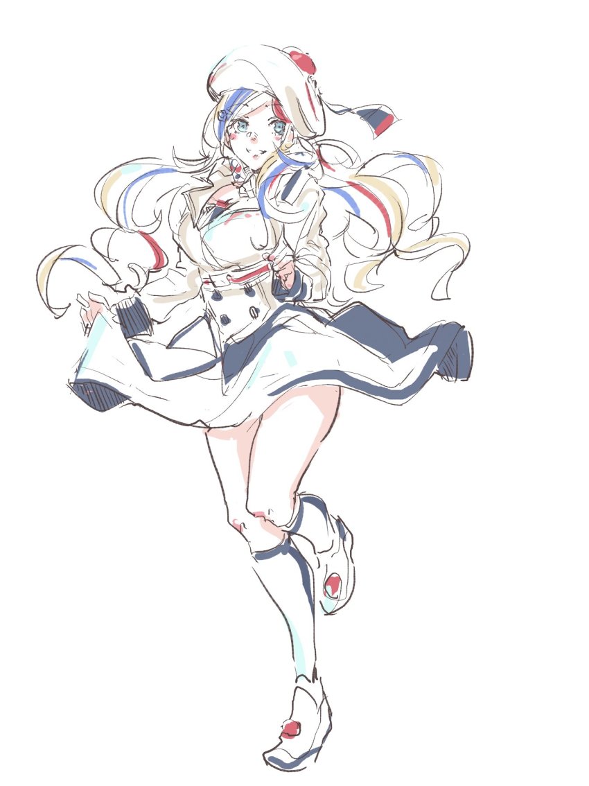 1girl, beret, black_dress, black_socks, blue_hair, buttons, commandant_teste_(kancolle), double-breasted