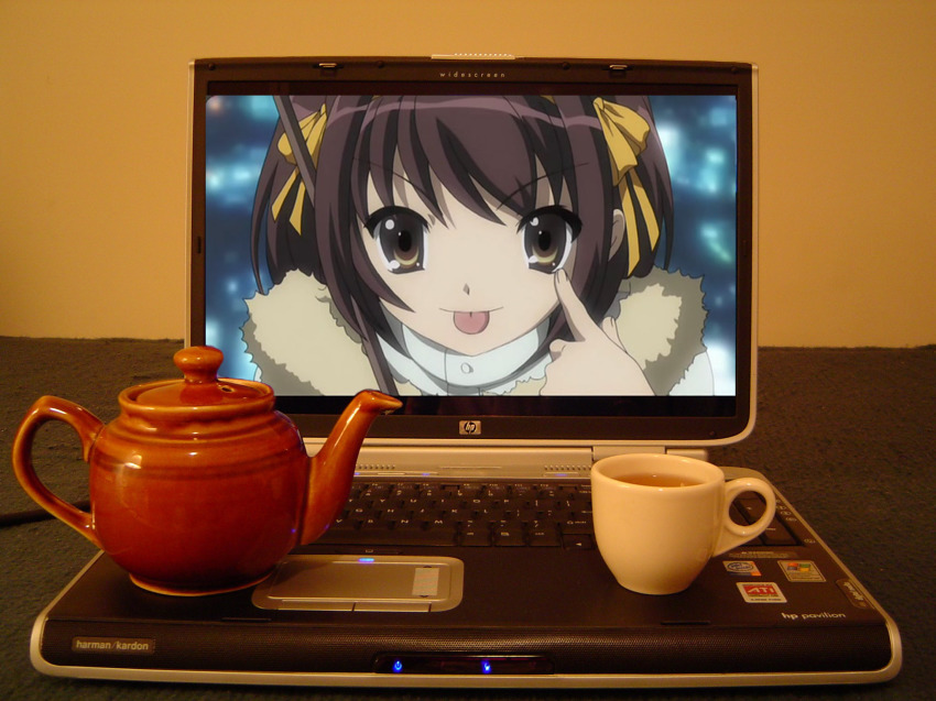 00s, 1girl, 2d_dating, :p, brown_hair, computer, computer_keyboard, cup, failure, hewlett-packard, hewlett_packard, highres, laptop, lonely, photo_(medium), short_hair, suzumiya_haruhi, suzumiya_haruhi_no_yuuutsu, tea, teacup, teapot, third-party_edit, tongue, tongue_out