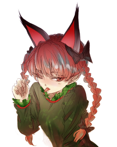 1girl, :p, animal_ears, braid, cat_ears, cat_girl, female_focus, kaenbyou_rin