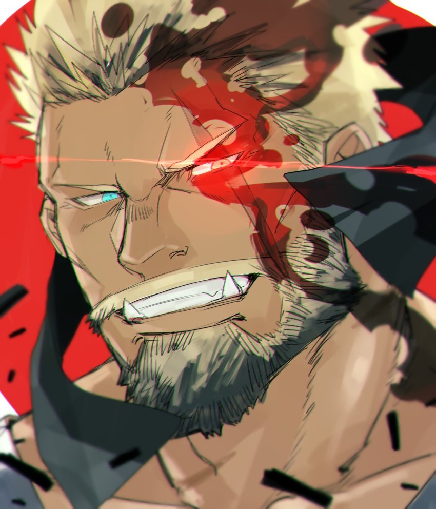 1boy, balor_(housamo), beard, black_hair, blood, blood_on_face, blue_eyes, clenched_teeth