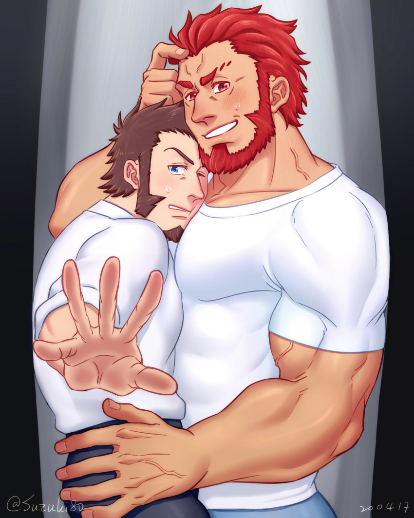 2boys, bara, beard, blue_eyes, blush, brown_hair, denim, facial_hair