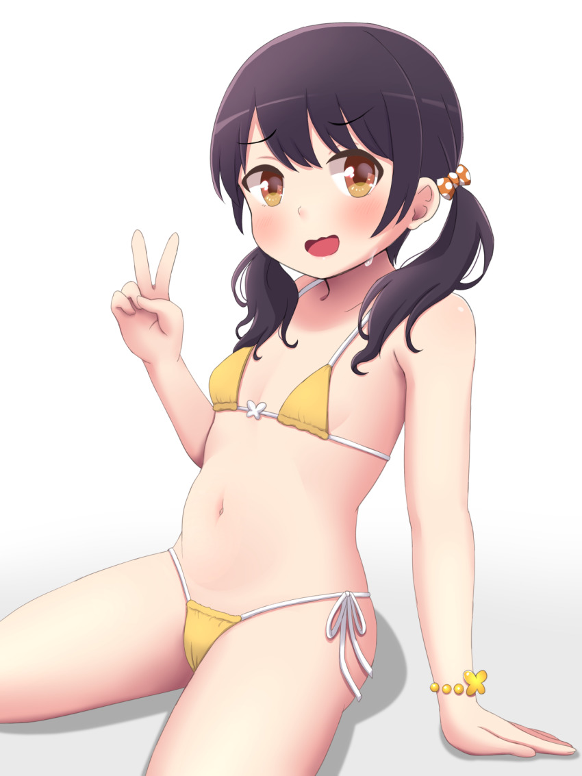 1girl, arm_up, bang_dream!, bang_dream!_girls_band_party!, bikini, black_hair, breasts, brown_eyes, cameltoe, female_focus, futaba_tsukushi, highres, long_hair, low_twintails, navel, open_mouth, side-tie_bikini_bottom, simple_background, sitting, small_breasts, smile, solo, swimsuit, tanukikouji_midori, thighs, twintails, v, white_background, yellow_bikini