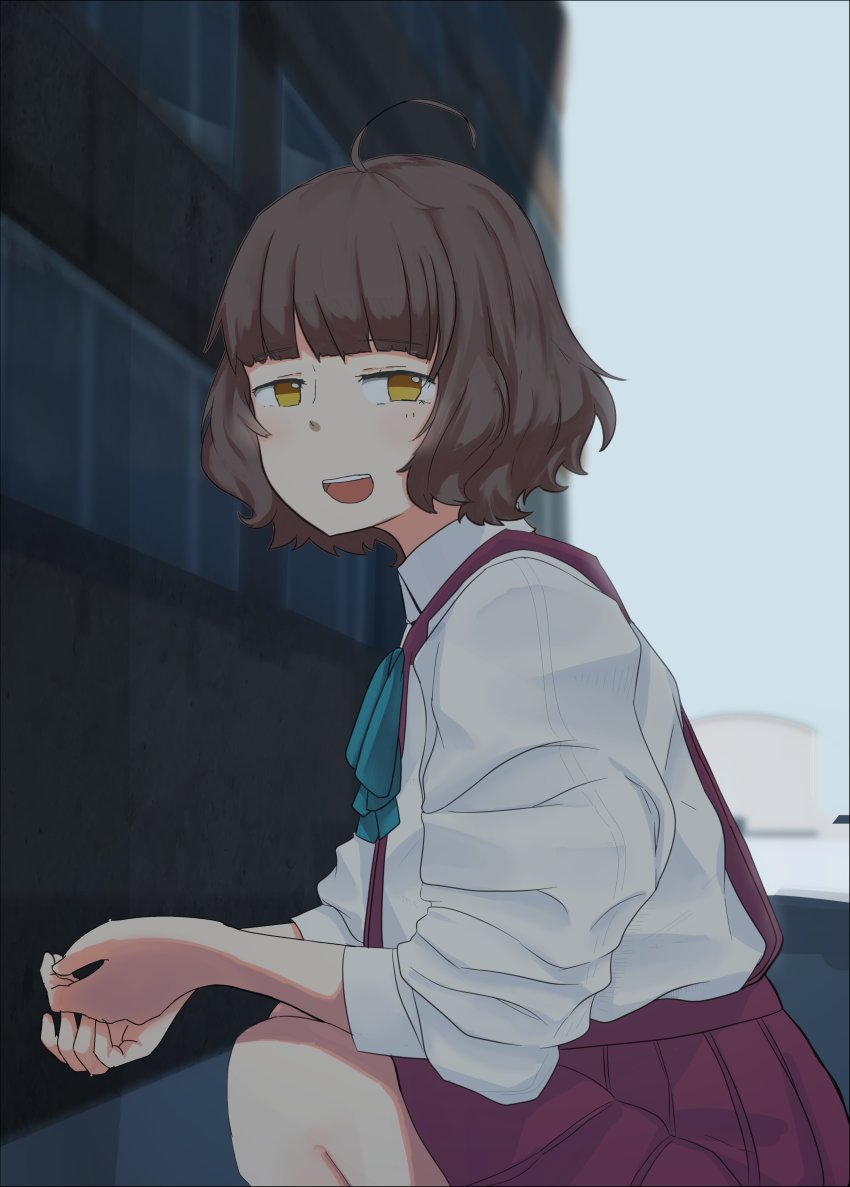 1girl, absurdres, ahoge, bare_legs, blunt_bangs, brown_hair, building, cowboy_shot