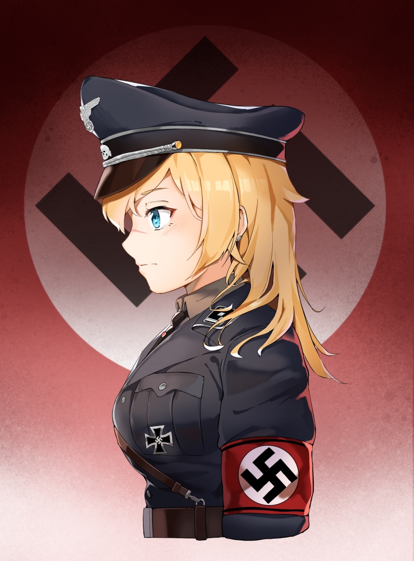 1girl, absurdres, belt, black_neckwear, blonde_hair, blue_eyes, breasts, collared_shirt, cross, ear_piercing, from_side, germany, hat, highres, iron_cross, large_breasts, long_hair, military, military_hat, military_uniform, nazi, nazi_flag, nazi_war_ensign, original, piercing, scar, shirt, strap, swastika, unicron_(brous), upper_body, world_war_ii