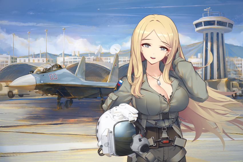 1girl, adjusting_hair, air_supreriority_fighter, aircraft, airplane, black_bra, blonde_hair, blue_eyes