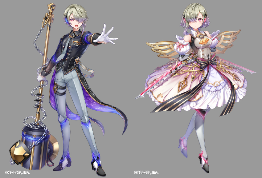 11-chan, 1boy, 1girl, android, arms_behind_back, bare_shoulders, bow, chain