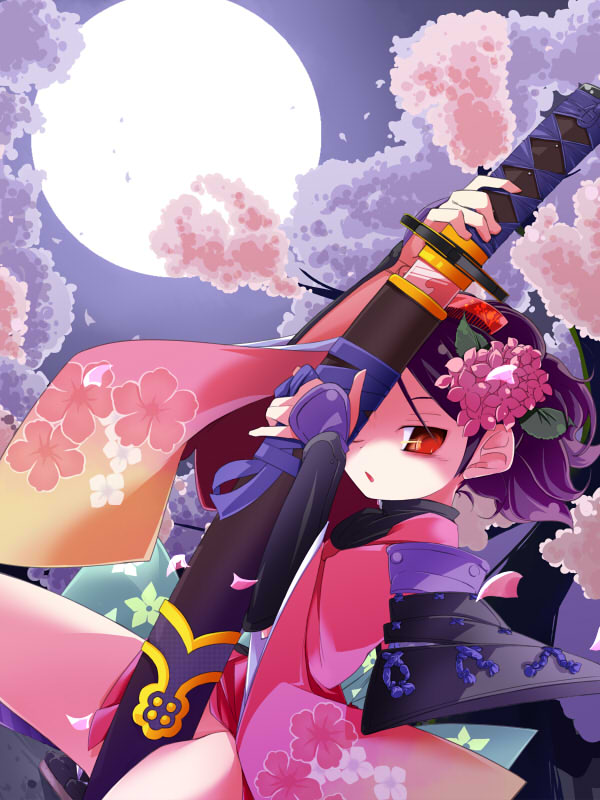 cherry_blossoms, hat, japanese_clothes, katana, kimono, momohime, moon, nature
