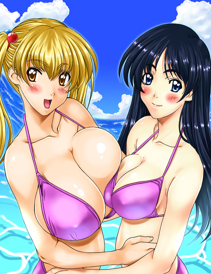 2girls, asymmetrical_docking, bad_id, bad_pixiv_id, bikini, blonde_hair, blush, breast_press
