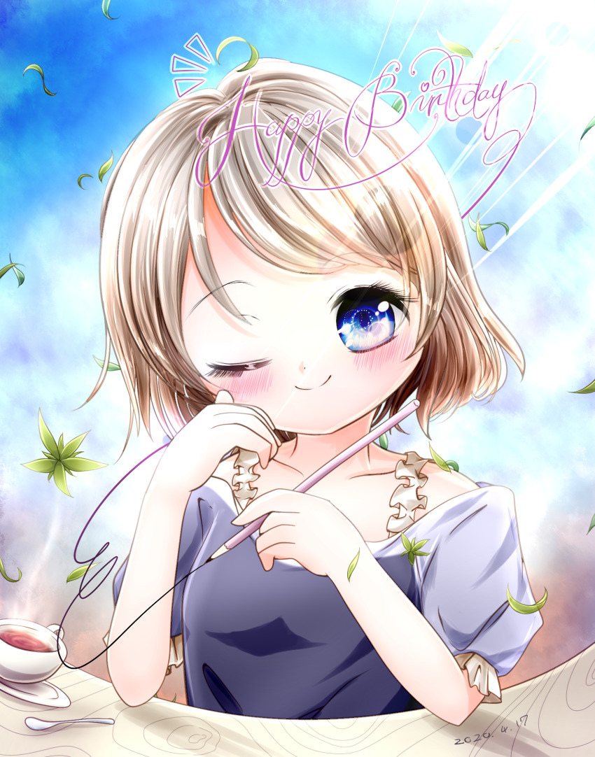 1girl, artist_name, artist_request, bare_shoulders, blue_eyes, blue_sky, blush, cloud, collarbone, cup, elbow_on_table, female_focus, grey_hair, highres, holding, holding_pencil, light_brown_hair, looking_at_viewer, love_live!, love_live!_sunshine!!, mtkn0831, one_eye_closed, outdoors, pencil, puffy_short_sleeves, puffy_sleeves, short_hair, short_sleeves, sky, smile, solo, spoon, teacup, watanabe_you