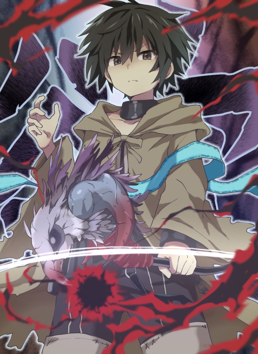 >:(, 1boy, black_hair, black_pants, black_shirt, boots, brown_eyes, brown_robe, chain, closed_mouth, dharc_(yu-gi-oh!), dharc_the_dark_charmer, duel_monster, familiar-possessed_-_dharc, hair_between_eyes, highres, holding, holding_staff, hood, hood_down, hooded_robe, light_frown, long_sleeves, male_focus, pants, robe, shirt, solo, staff, tadanoshi_kabane, v-shaped_eyebrows, white_boots, wide_sleeves, yu-gi-oh!