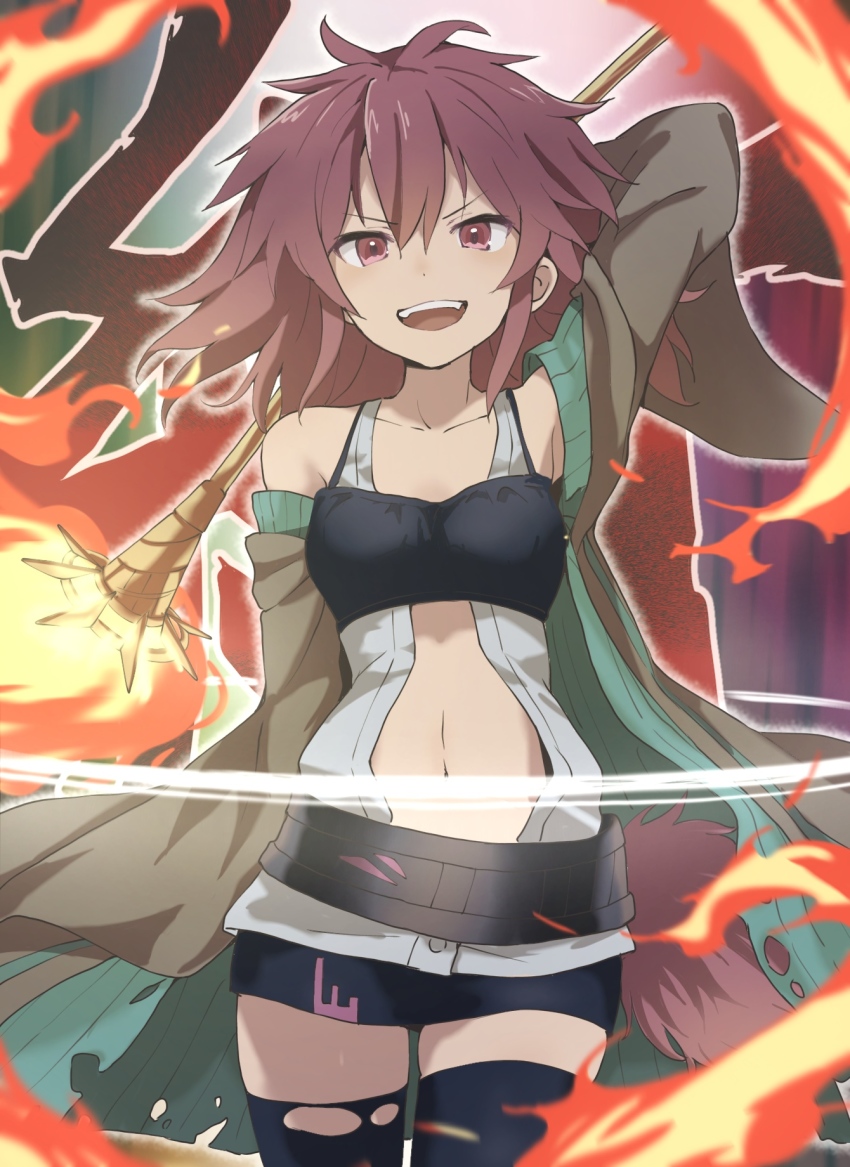 1girl, :d, arm_behind_head, arm_up, bare_shoulders, black_skirt, black_thighhighs, breasts