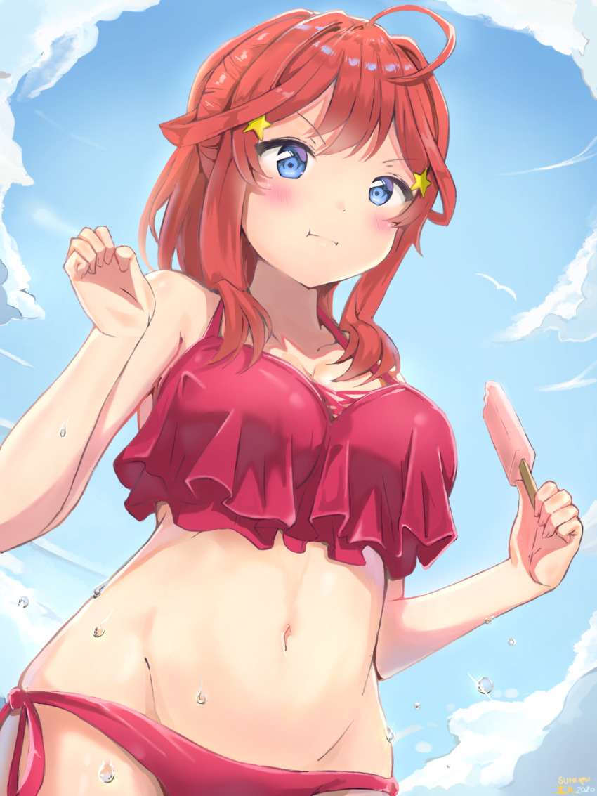 1girl, :i, ahoge, bare_shoulders, bikini, blue_eyes, blue_sky, blush