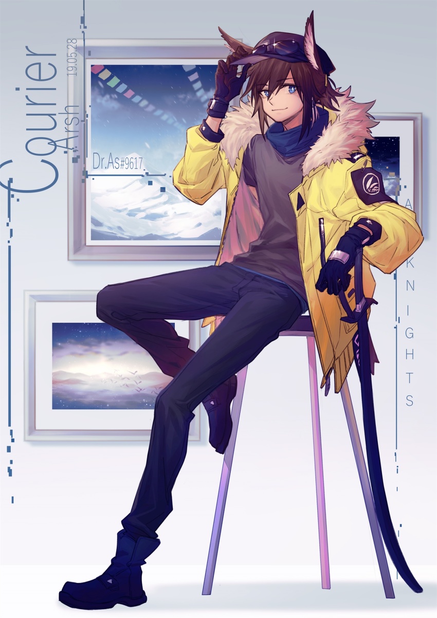animal_ear_fluff, animal_ears, arknights, arsh_(thestarwish), blue_scarf, brown_hair, character_name, courier_(arknights), courier_(new_routes)_(arknights), dark-skinned_male, dark_skin, deer_ears, fur-trimmed_jacket, fur_trim, gloves, highres, jacket, official_alternate_costume, picture_frame, scarf, short_hair, solo, sword, weapon