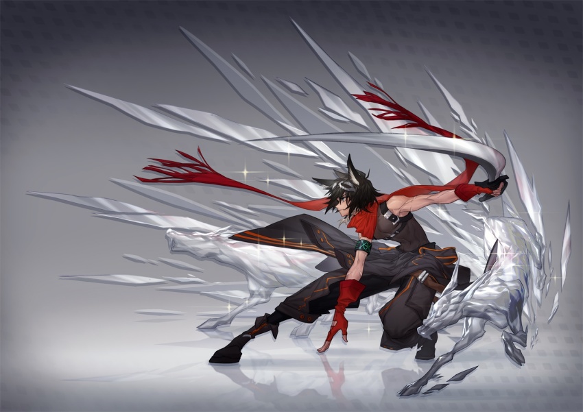 animal_ear_fluff, animal_ears, arknights, arsh_(thestarwish), black_hair, clothes_around_waist, courier_(arknights), courier_(elite_ii)_(arknights), deer_ears, fingerless_gloves, gloves, jacket, jacket_around_waist, red_scarf, scarf, short_hair, sword, weapon