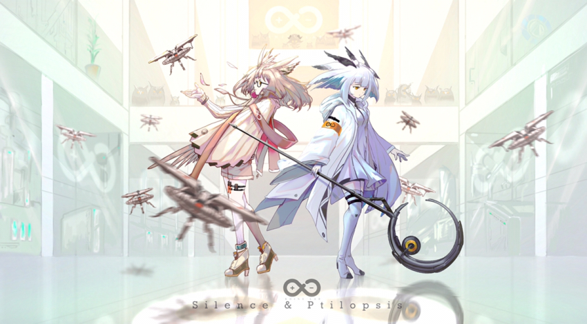 2girls, arknights, brown_hair, character_name, drone, english_text, feather_hair, high_heels