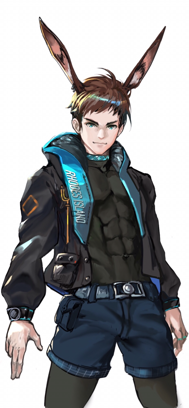 1boy, amiya_(arknights), animal_ears, arknights, blue_eyes, brown_hair, genderswap, genderswap_(ftm)