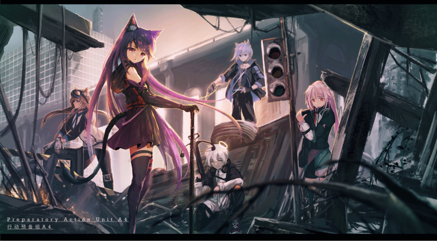 2girls, 3boys, adnachiel_(arknights), animal_ears, ansel_(arknights), arknights, battlefield, bow_(weapon)