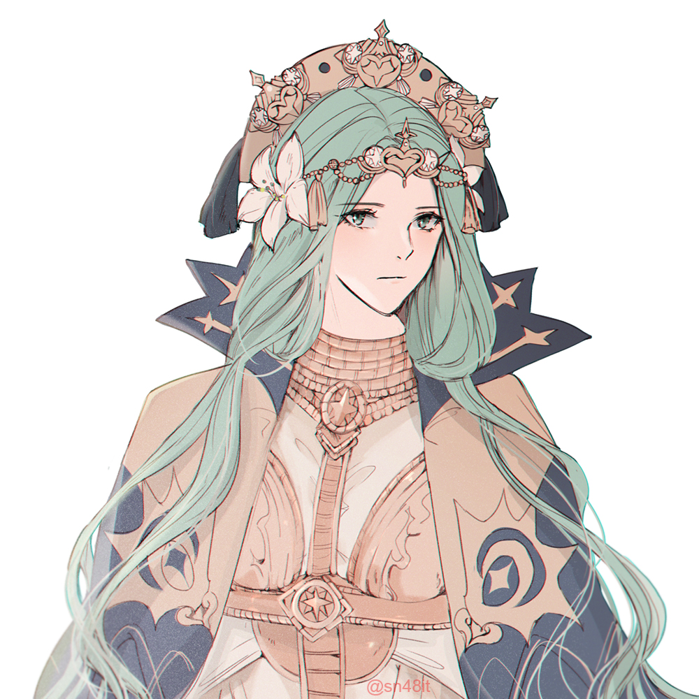 1girl, cloak, closed_mouth, dress, female_focus, fire_emblem, fire_emblem:_three_houses, flower, green_eyes, green_hair, hair_flower, hair_ornament, long_hair, matching_hair/eyes, nintendo, rhea_(fire_emblem), simple_background, sn48it, solo, tiara, white_background, white_dress