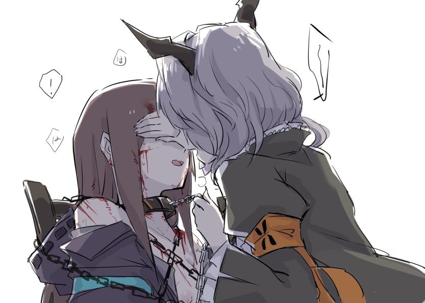 2girls, arknights, bdsm, blood, bound, brown_hair, chain, choker