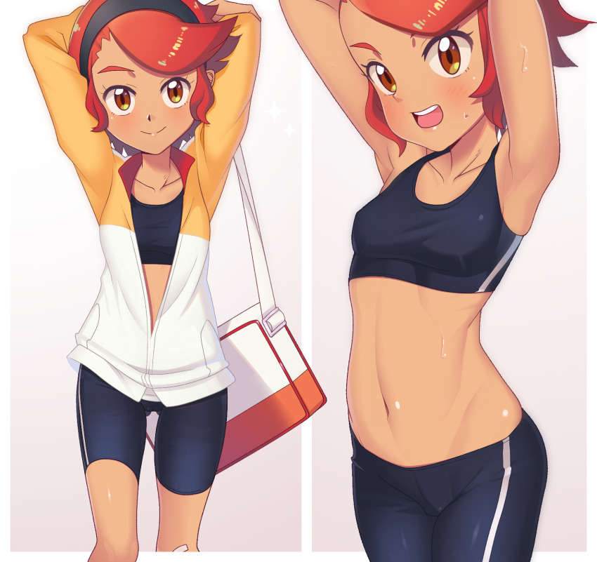 1girl, armpits, bike_shorts, cowboy_shot, gazing_eye, grey_background, highres, multiple_views, nintendo, orange_eyes, pokemon, pokemon_masters_ex, red_hair, sports_bra, sports_uniform, standing, stomach, swept_bangs, tina_(pokemon)
