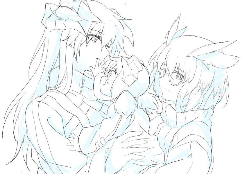 3girls, aged_down, arknights, baby, demon_horns, dragon_girl, dragon_horns, feather_hair, glasses, highres, horns, ifrit_(arknights), kkkkago, mother_and_child, mother_and_daughter, multiple_girls, owl_ears, parent_and_child, rhine_lab_family_(arknights), saria_(arknights), silence_(arknights), sketch, sweater, wife_and_wife, yuri