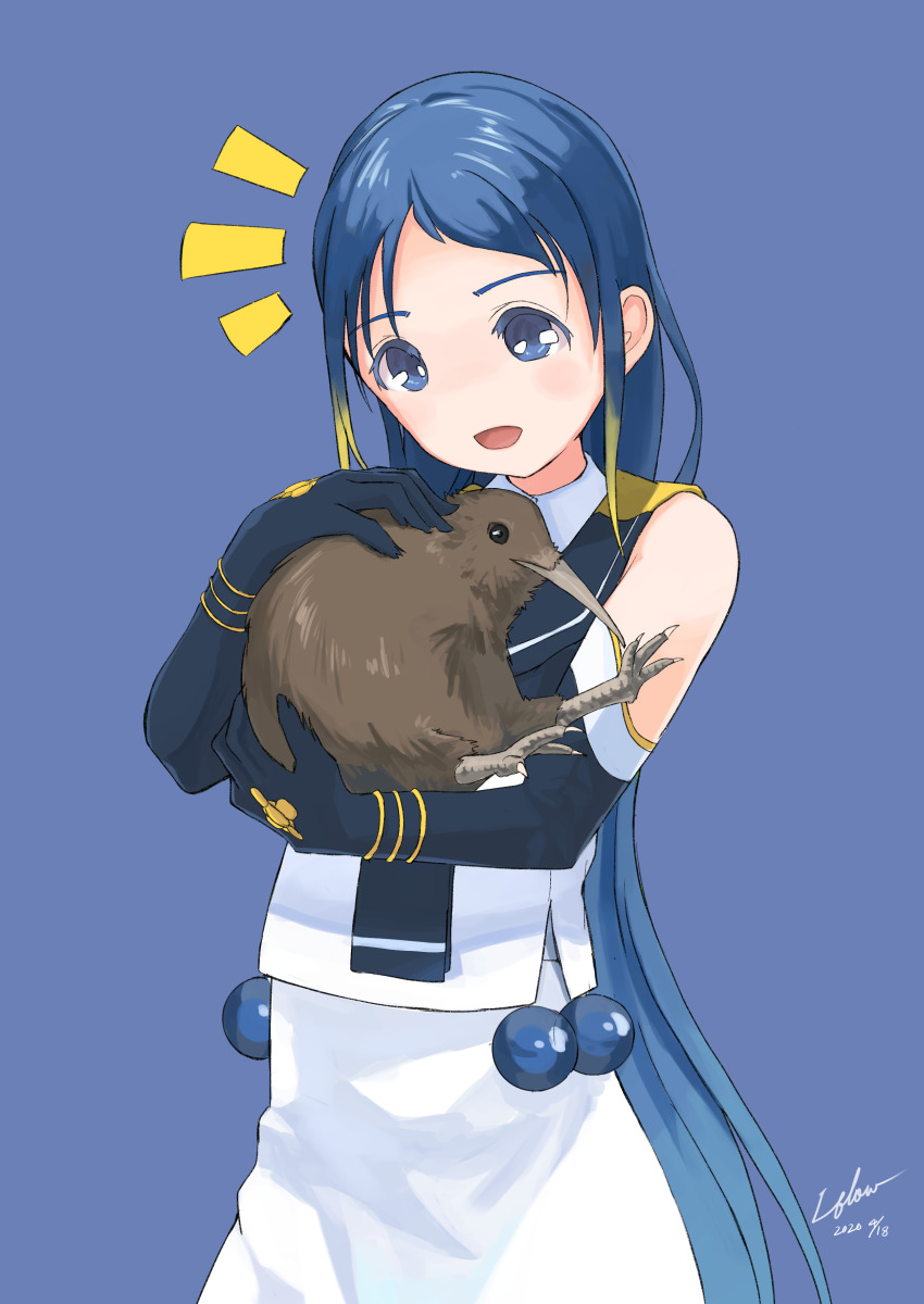 1girl, 1other, ^^^, absurdres, bird, black_gloves, black_sailor_collar, blue_background, blue_eyes, blue_hair, commentary_request, cowboy_shot, dated, elbow_gloves, female_focus, gloves, gradient_hair, highres, kantai_collection, kiwi_(bird), laminar_flow, long_hair, multicolored_hair, neckerchief, sailor_collar, samidare_(kancolle), school_uniform, serafuku, shirt, signature, simple_background, skirt, sleeveless, sleeveless_shirt, solo, southern_brown_kiwi, swept_bangs, very_long_hair, white_serafuku, white_skirt