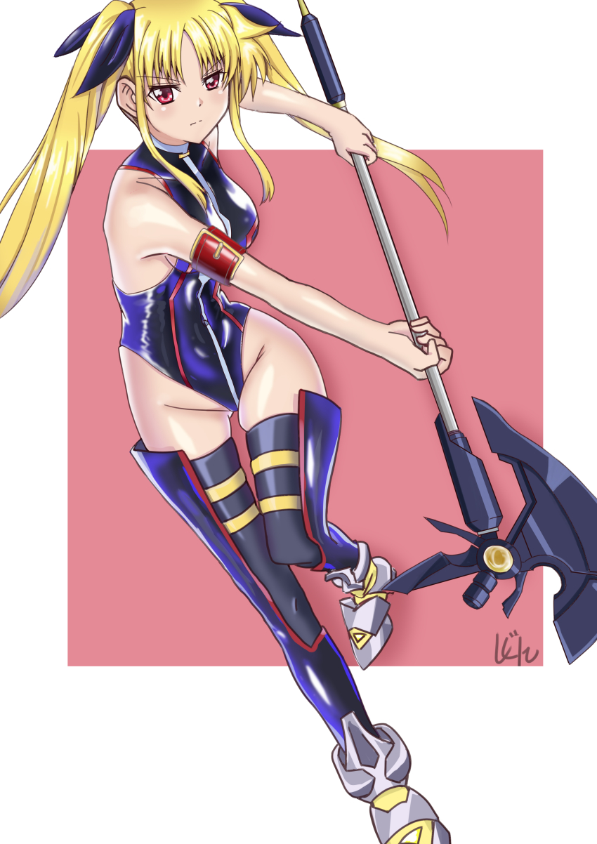 1girl, absurdres, bardiche_(bullova_form)_(nanoha), bardiche_(nanoha), black_leotard, black_thighhighs, blonde_hair, breasts